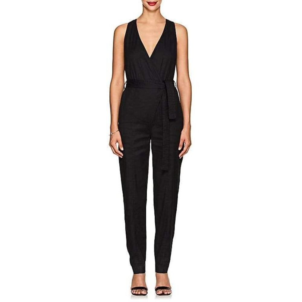 ALC Spencer Jumpsuit Black V-Neck Belted Sleeveless‎ Linen Blend Sz 0